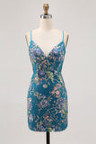 Sparkly Black Beaded Floral Short Tight Homecoming Dress with Sequins