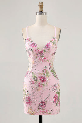 Sparkly Pink Floral Tight Short Homecoming Dress with Beading