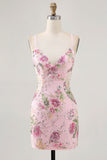 Sparkly Black Tight Floral Short Homecoming Dress with Seuqins