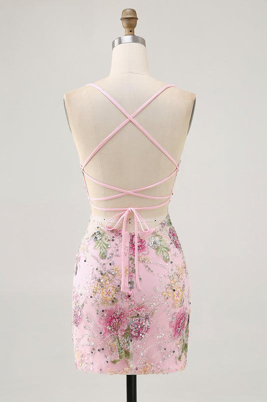 Sparkly Pink Floral Tight Short Homecoming Dress with Beading