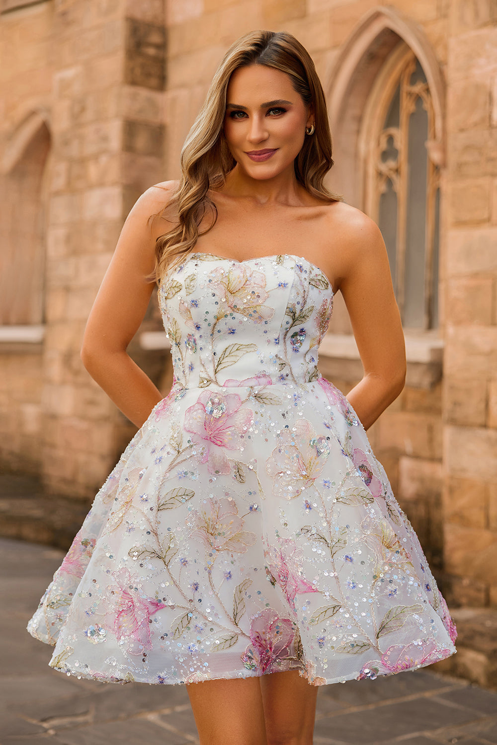 Zapakasa Women Sparkly Pink Corset Floral Homecoming Dress Strapless A Line Short Cocktail Dress with Sequins Zapakasa Women Sparkly Pink Corset Floral Homecoming Dress Strapless A Line Short Cocktail Dress with Sequins