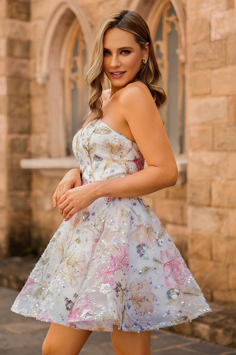 Zapakasa Women Sparkly Pink Corset Floral Homecoming Dress Strapless A Line Short Cocktail Dress with Sequins Zapakasa Women Sparkly Pink Corset Floral Homecoming Dress Strapless A Line Short Cocktail Dress with Sequins