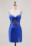 Royal Blue Satin Tight Ruched Corset Short Homecoming Dress with Slit