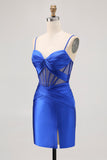 Royal Blue Satin Tight Ruched Corset Short Homecoming Dress with Slit