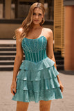 Sparkly Peacock Green Corset Strapless Tiered Short Homecoming Dress