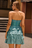 Sparkly Peacock Green Corset Strapless Tiered Short Homecoming Dress