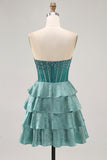 Sparkly Peacock Green Corset Strapless Tiered Short Homecoming Dress