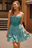 Sparkly Peacock Green Corset Tiered Short Strapless Homecoming Dress