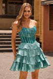 Sparkly Peacock Green Corset Tiered Short Strapless Homecoming Dress