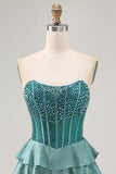 Sparkly Peacock Green Corset Strapless Tiered Short Homecoming Dress