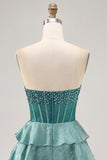 Sparkly Peacock Green Corset Strapless Tiered Short Homecoming Dress