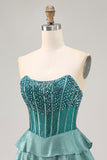 Sparkly Peacock Green Corset Strapless Tiered Short Homecoming Dress