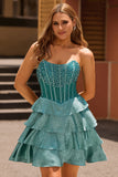 Sparkly Peacock Green Corset Tiered Short Strapless Homecoming Dress