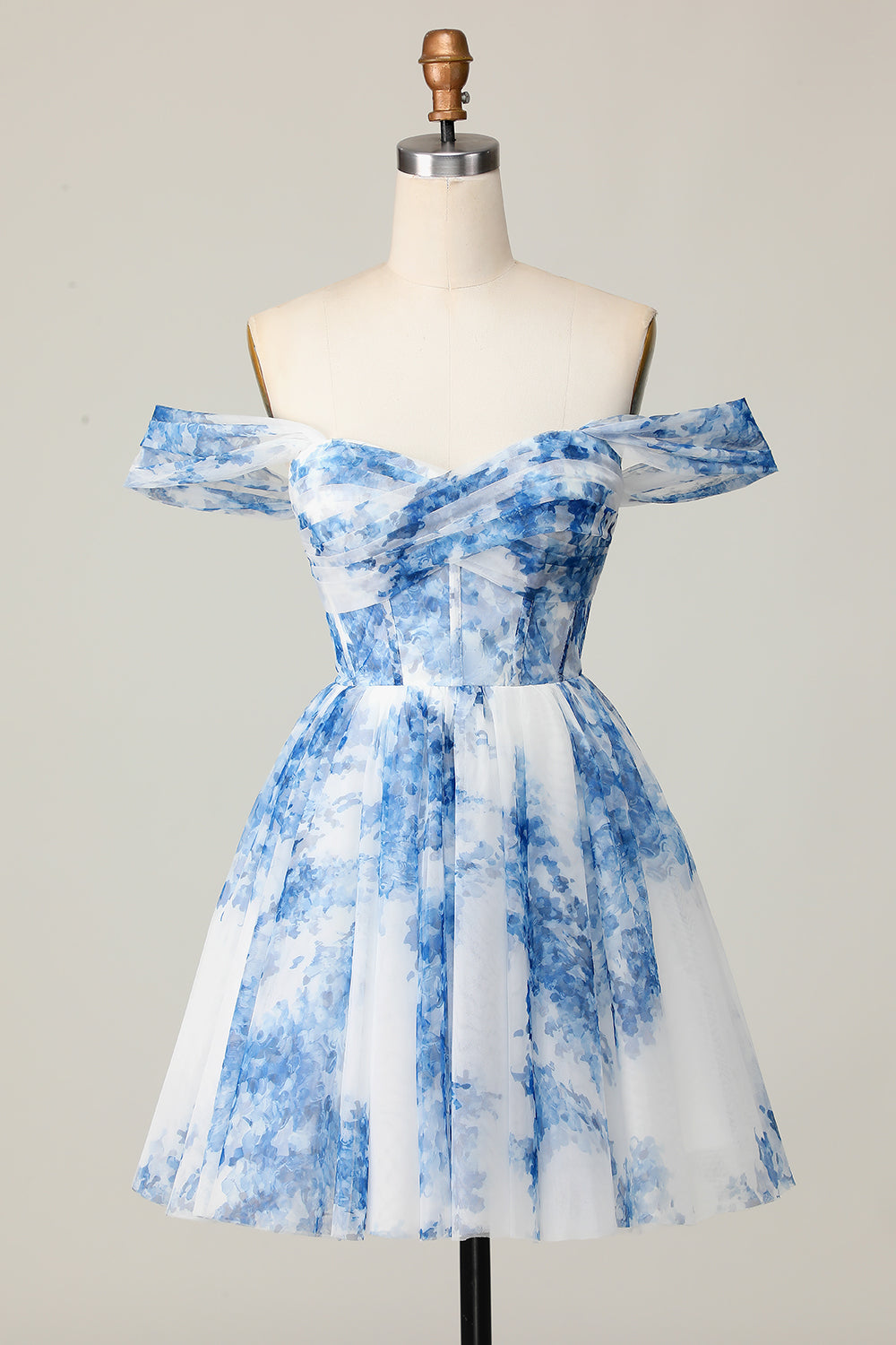 White Blue Flower Off the Shoulder A Line Short Homecoming Dress