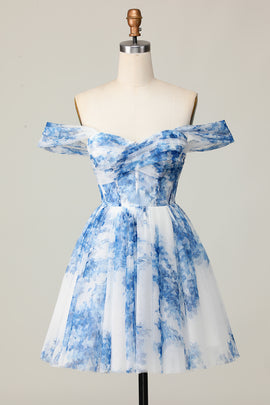 White Blue Flower Off the Shoulder A Line Short Homecoming Dress