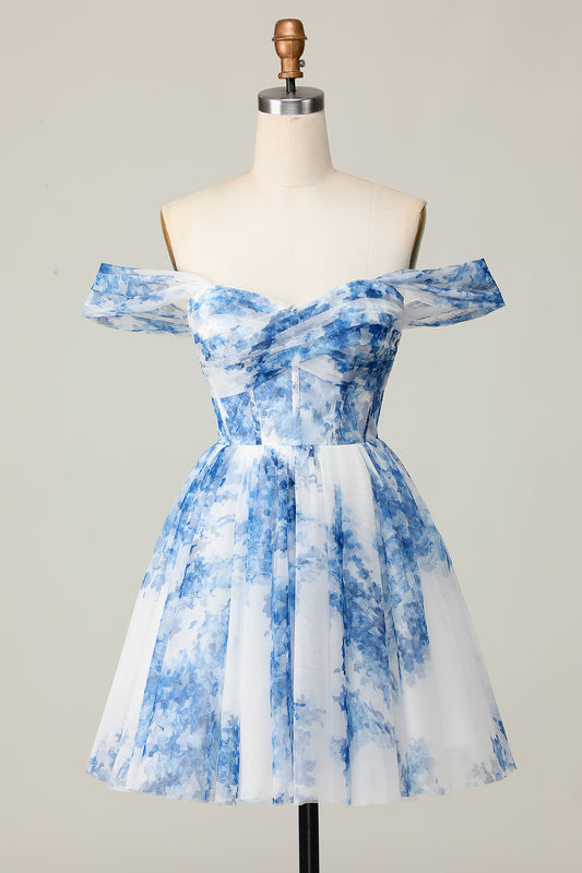 White Blue Flower Off the Shoulder A Line Short Homecoming Dress