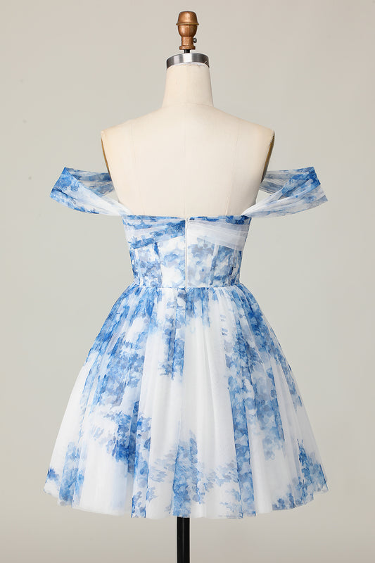 White Blue Flower Off the Shoulder A Line Short Homecoming Dress