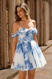 White Blue Flower A Line Off the Shoulder Short Homecoming Dress