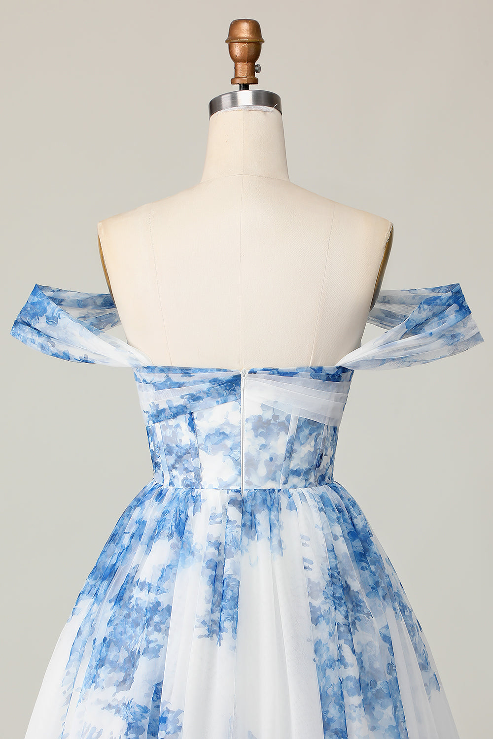 White Blue Flower Off the Shoulder A Line Short Homecoming Dress