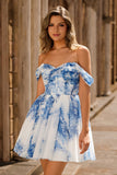 White Blue Flower A Line Off the Shoulder Short Homecoming Dress