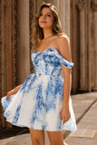 White Blue Flower A Line Off the Shoulder Short Homecoming Dress