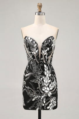 Sparkly Black Strapless Tight Short Mirror Homecoming Dress