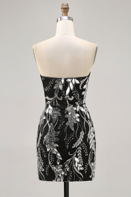 Sparkly Black Strapless Tight Short Mirror Homecoming Dress