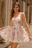 Sparkly Pink Corset Short Floral Homecoming Dress with Sequins Beaded A Line Lace Up Back Cocktail Dress