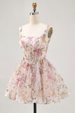 Sparkly Pink Floral Corset Beaded Short Homecoming Dress with Sequins