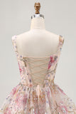 Sparkly Pink Floral Corset Beaded Short Homecoming Dress with Sequins