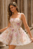 Sparkly Pink Floral Corset A Line Short Homecoming Dress with Sequins