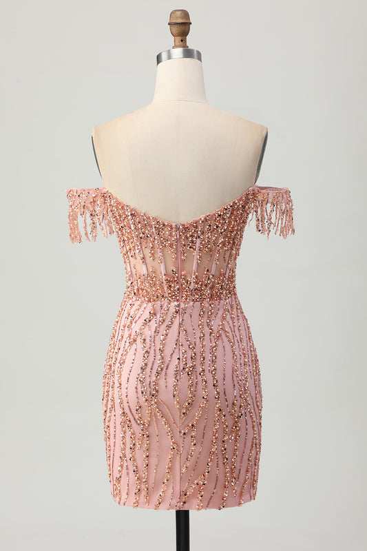 Sparkly Dusty Rose Corset Tight Short Homecoming Dress with Beading
