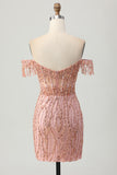 Sparkly Dusty Rose Corset Tight Short Homecoming Dress with Beading