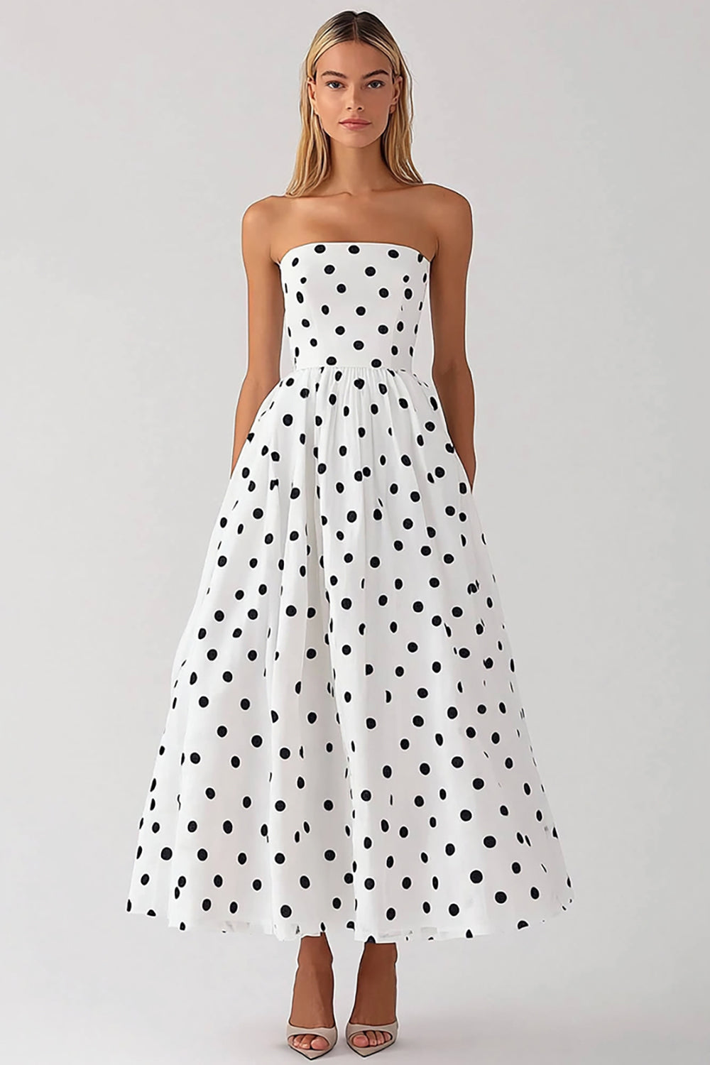 white dress with black polka dots Lady Tie - Short Sleeve & Black Dot Midi Logan is the go Georgia Dress w. Bow -