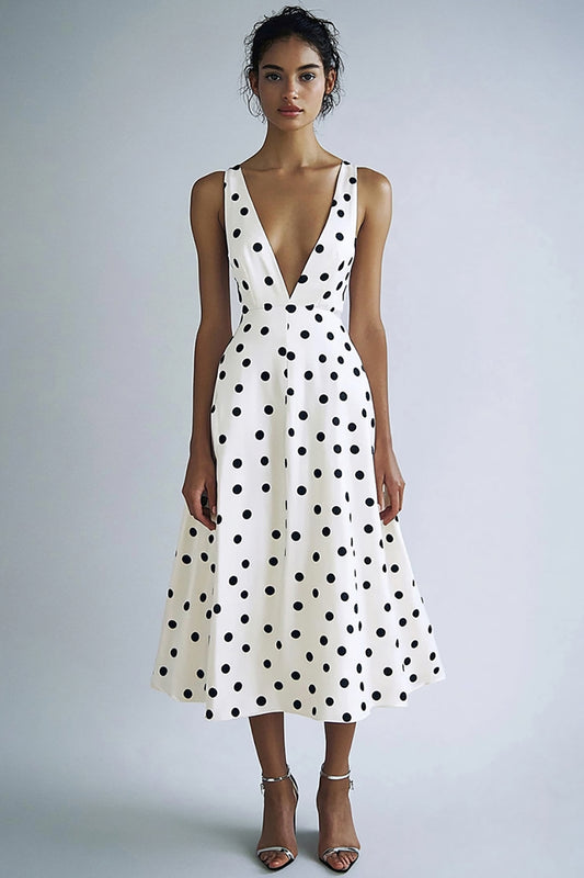 Satin Black and White Deep V-Neck A Line Boho Maxi Polka Dot Dress