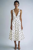 Satin Black and White Deep V-Neck A Line Boho Maxi Polka Dot Dress