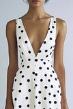 Satin Black and White Deep V-Neck A Line Boho Maxi Polka Dot Dress