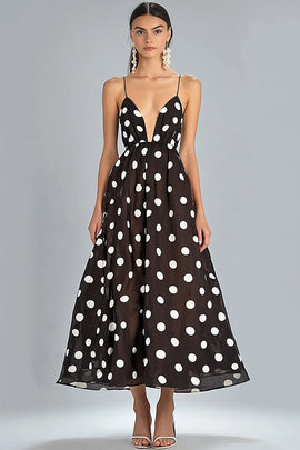 Coffee and White Chiffon Spaghetti Straps A Line Boho Maxi Polka Dot Dress