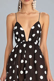 Coffee and White Chiffon Spaghetti Straps A Line Boho Maxi Polka Dot Dress