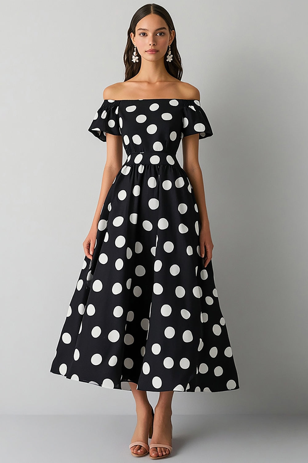 Satin A Line Off the Shoulder Boho Black and White Maxi Polka Dot Dress