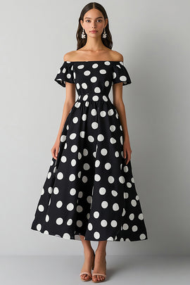 Satin A Line Off the Shoulder Boho Black and White Maxi Polka Dot Dress