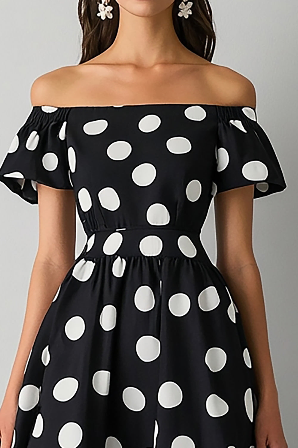 Satin A Line Off the Shoulder Boho Black and White Maxi Polka Dot Dress
