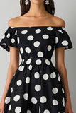 Satin A Line Off the Shoulder Boho Black and White Maxi Polka Dot Dress
