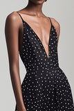 Boho Chiffon Black and White A Line Deep V-Neck Maxi Polka Dot Dress