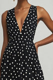 Chiffon Deep V-Neck A Line Black and White Boho Maxi Polka Dot Dress