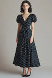 Puff Sleeves V-Neck Black and White Satin Boho Maxi Polka Dot Dress