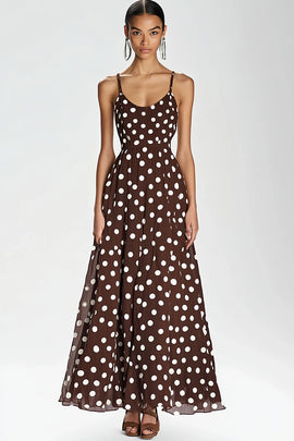 Coffee and White Spaghetti Straps A Line Boho Maxi Chiffon Polka Dot Dress