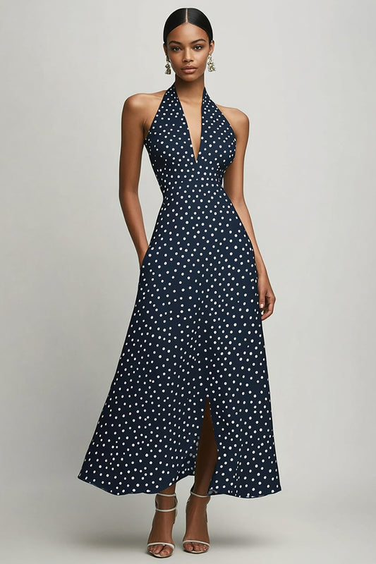 Navy and White Chiffon Halter A Line Boho Maxi Polka Dot Dress with Slit