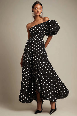 One Shoulder Black and White Satin Puff Sleeves Boho Maxi Polka Dot Dress