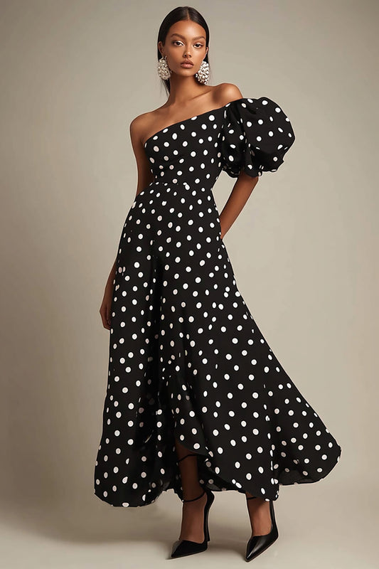 One Shoulder Black and White Satin Puff Sleeves Boho Maxi Polka Dot Dress